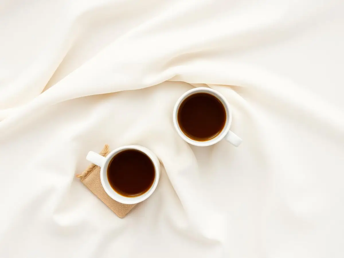 Two cups of black coffee viewed from above on cream linen, one resting on a small cloth sachet