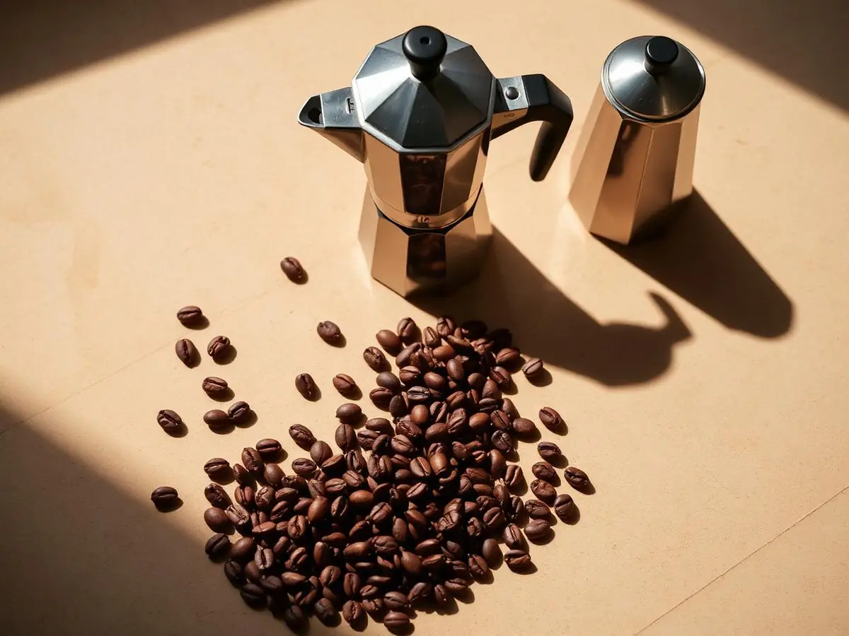 A stovetop moka pot beside scattered roasted coffee beans on warm stone in dramatic side light