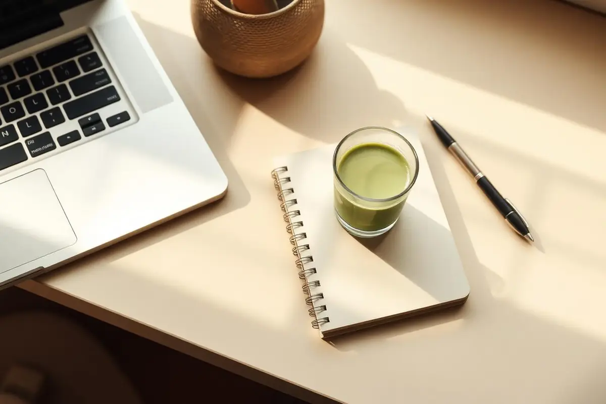 A small green drink on a notebook beside a laptop and pen on a warm cream desk in soft daylight