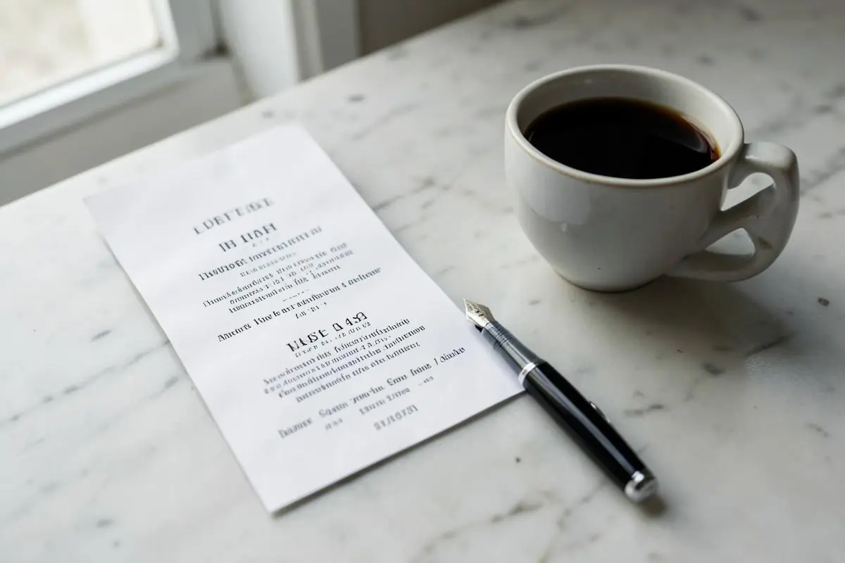 A printed receipt and a fountain pen on a marble surface beside a cup of black coffee