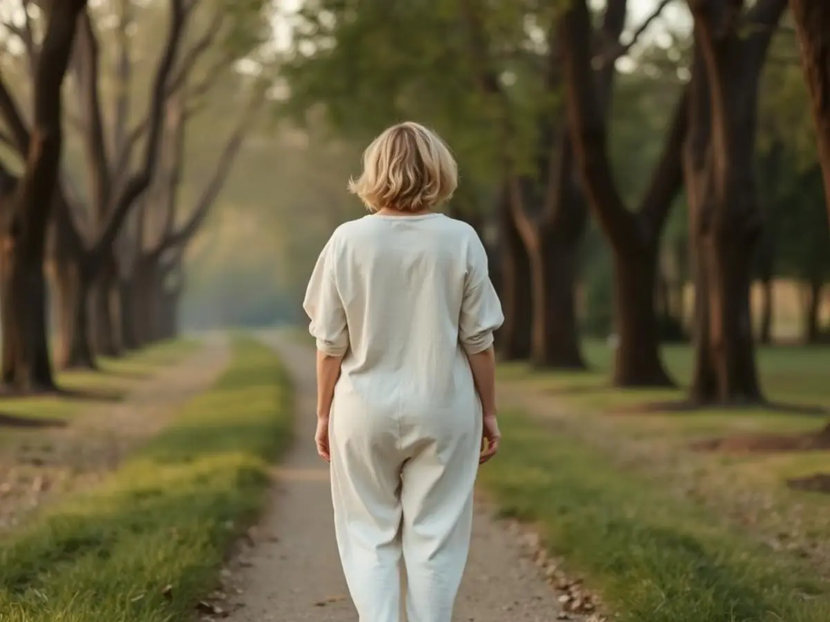 A person in cream linen clothing walking away along a quiet tree-lined path in soft morning light