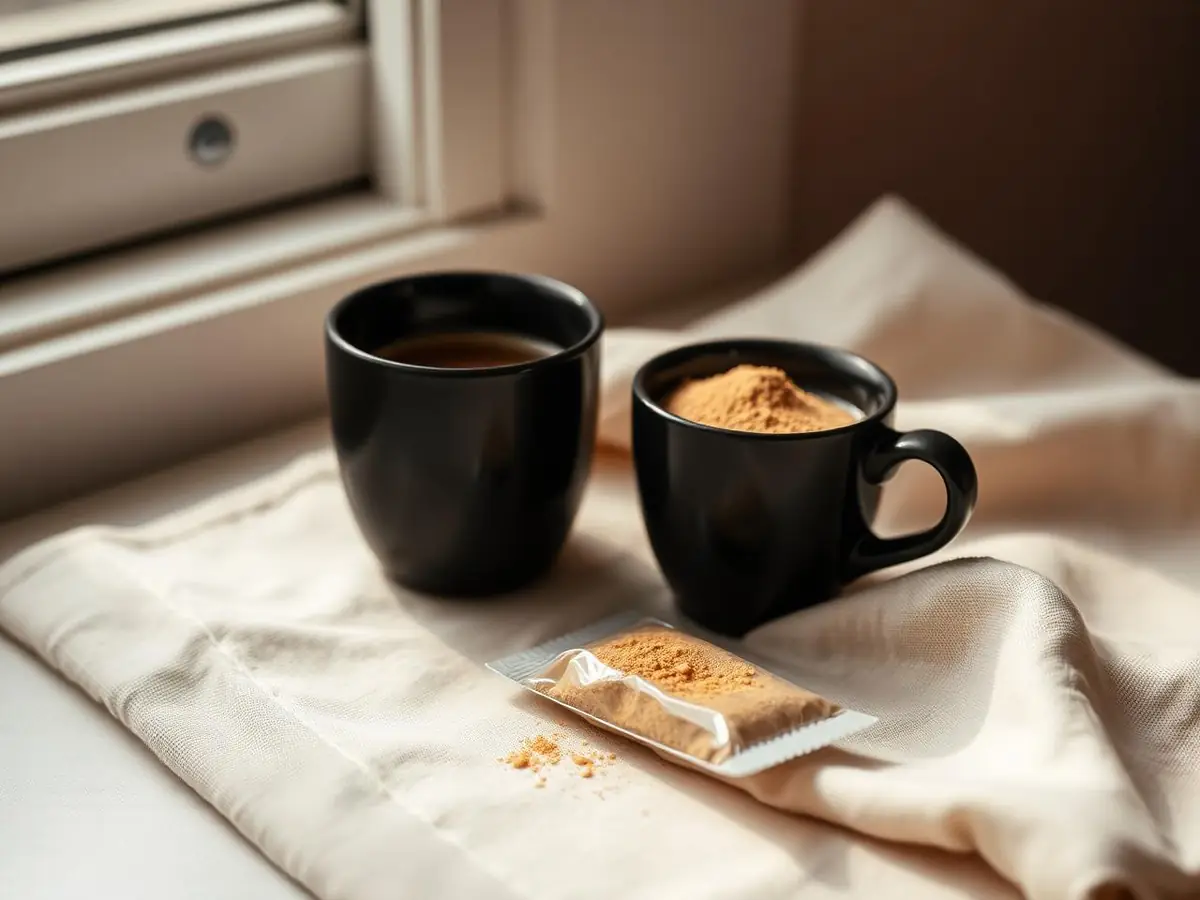 A sachet of golden powder beside two black coffee cups on cream linen in soft morning light