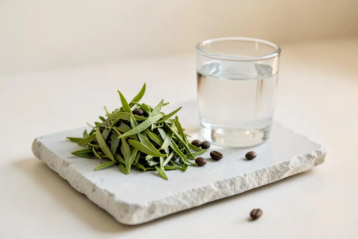 Green tea leaves, coffee beans and a glass of water arranged on a pale stone slab