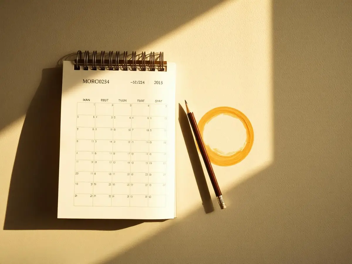 A wall calendar page beside a pencil and a coffee ring stain in warm morning light