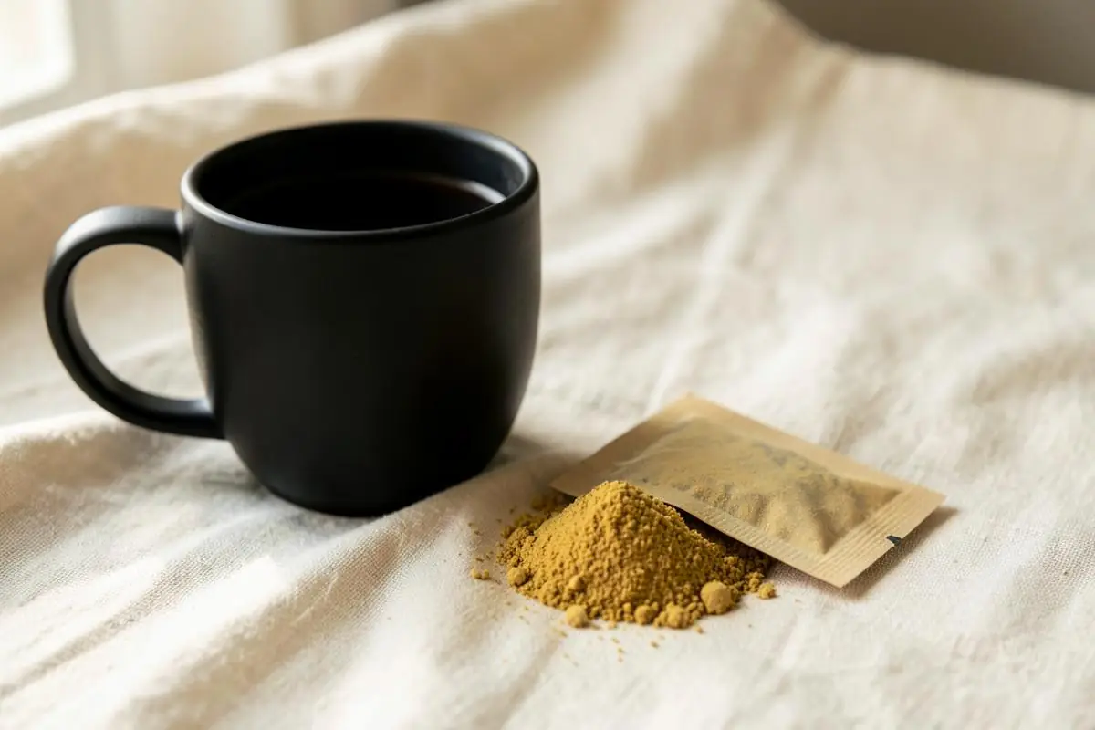 A sachet of golden powder poured beside a black ceramic coffee cup on cream linen